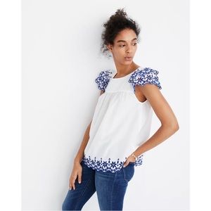 Madewell Embroidered Peasant Blouse White Blue Eyelet Flutter Sleeve